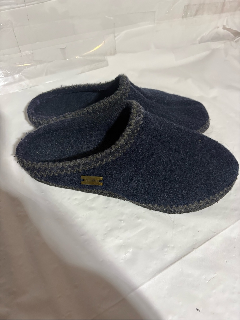 Haflinger Navy Felt Slip-On Women's Slippers with Gray Trim